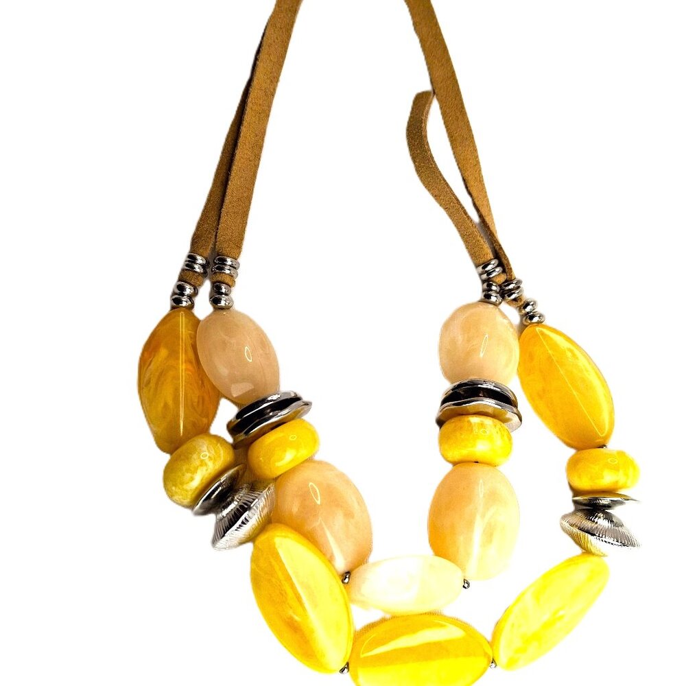 Chunky Bold Lucite Beaded Necklace Yellow Tan Retro Bohemian